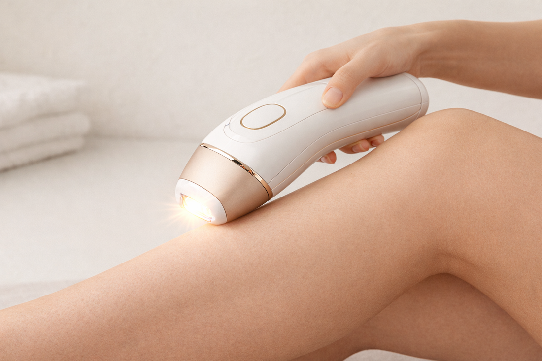 IPL-Rasierer oder Lasergerät zur Haarentfernung welches gerade am Bein einer Frau verwendet wird