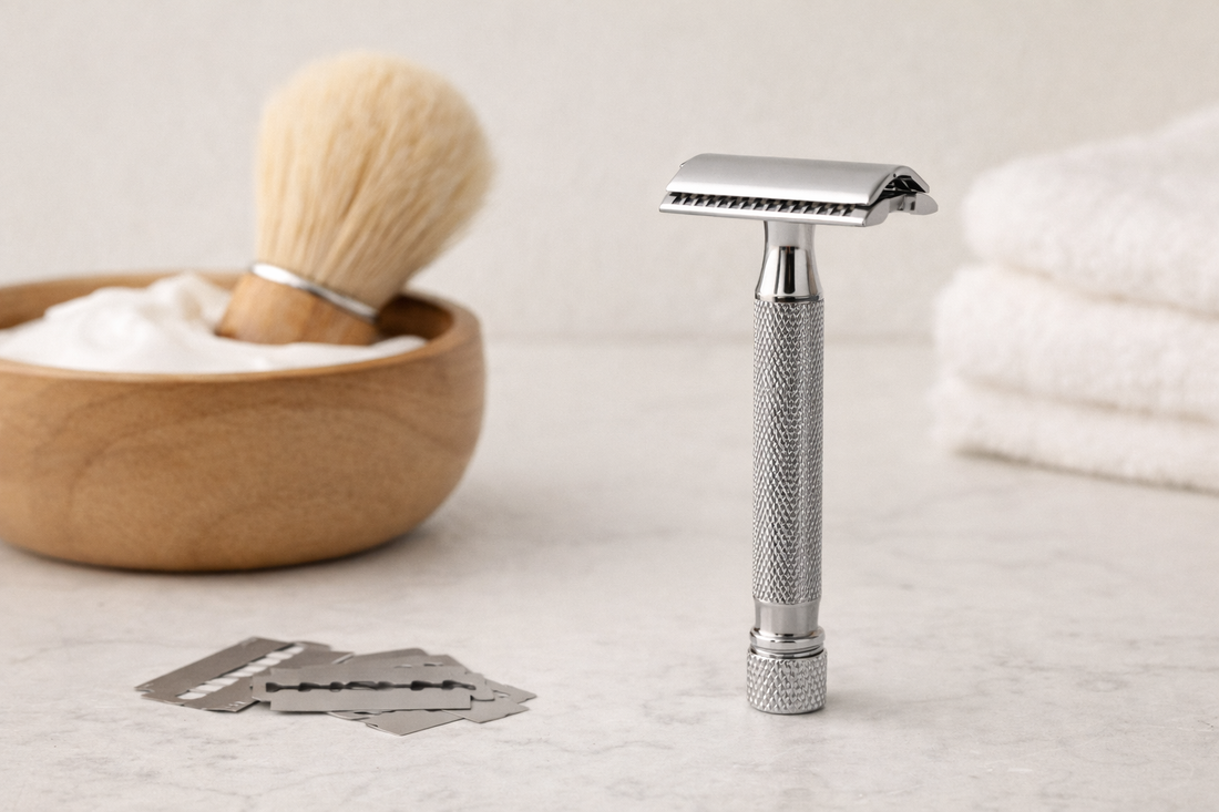 Rasierhobel, Rasierklingen und Rasierschaum in einer Schale mit einem Rasierpinsel.