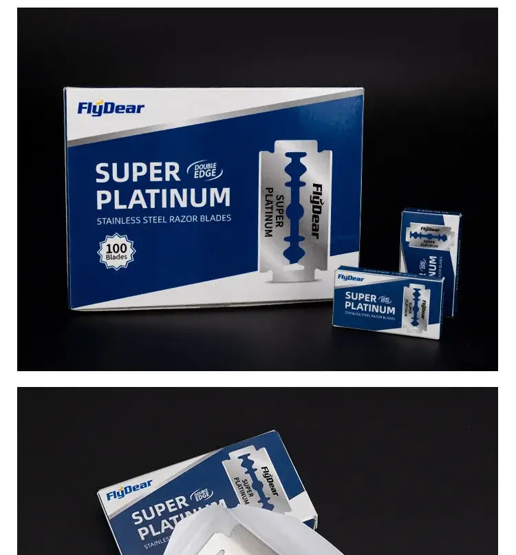 Premium Rasierklingen für Rasierhobel in einer Packung von FlyDear, inklusive 100 Edelstahl-Rasierklingen.