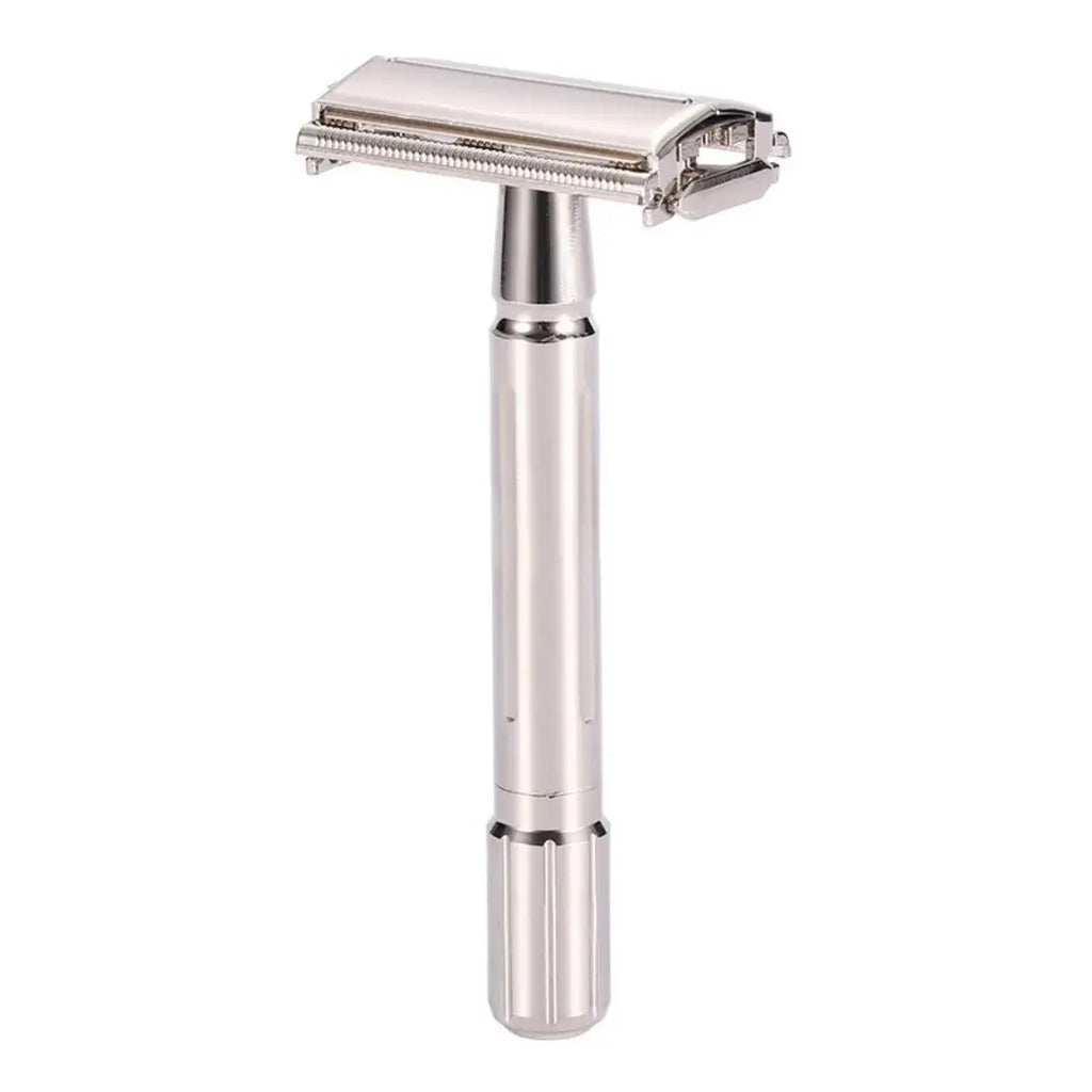 Klassischer Rasierhobel - Edelstahlgriff für präzise Nassrasur mit offenem Klingensystem.